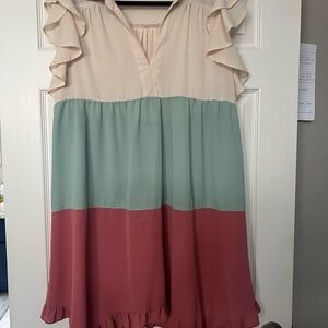 Umgee Cream, Green, and Pink Ruffle Dress